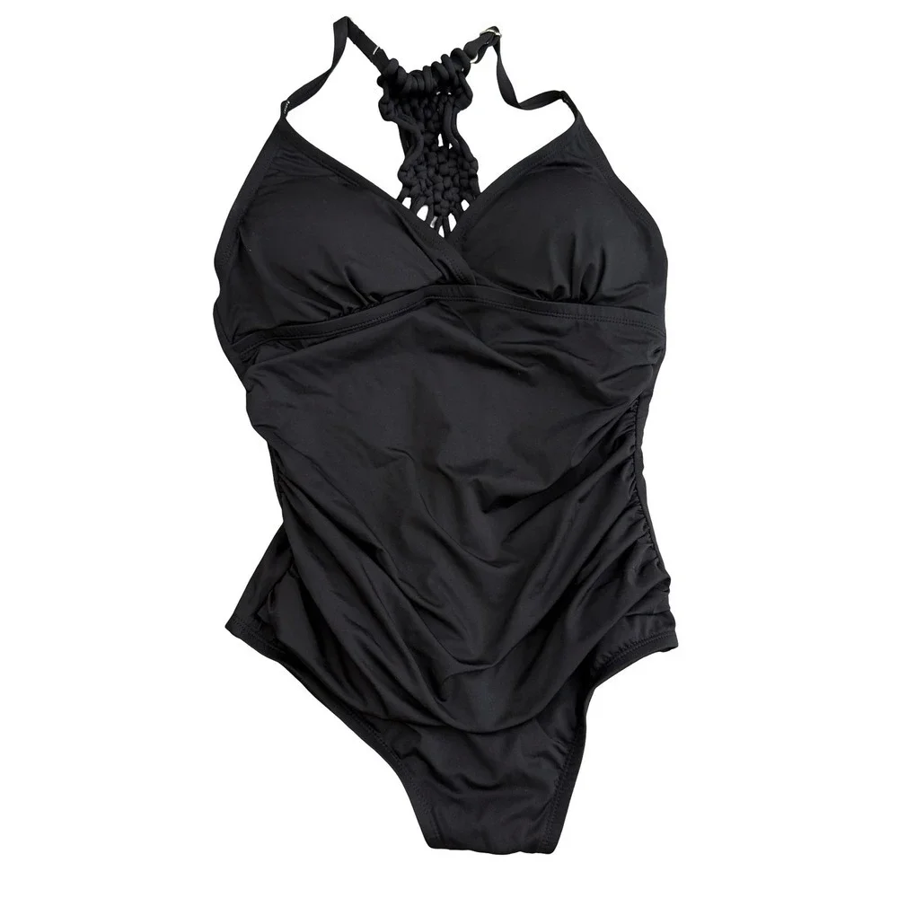 One Piece Swimsuit Black Macrame Racerback Ruched Women Size 6